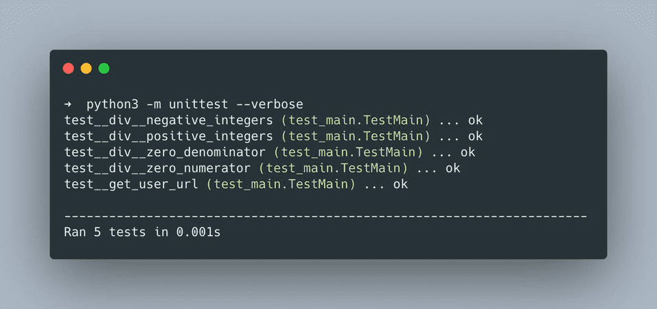 An example of calling the unittest module from the command line.